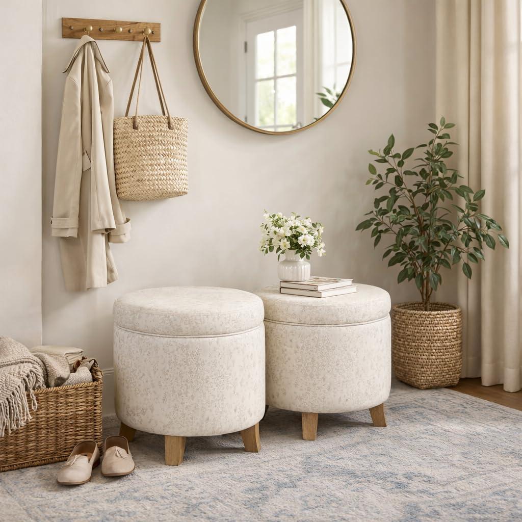 imageHomepop Home Decor Upholstered Round Storage Ottoman Ottoman with Storage for Living Room amp Bedroom Cream Chevron WovenLinen