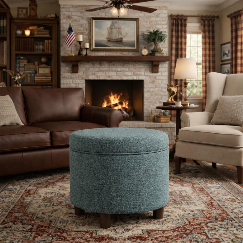 imageHomepop Home Decor Upholstered Round Storage Ottoman Ottoman with Storage for Living Room amp Bedroom Cream Chevron WovenTeal