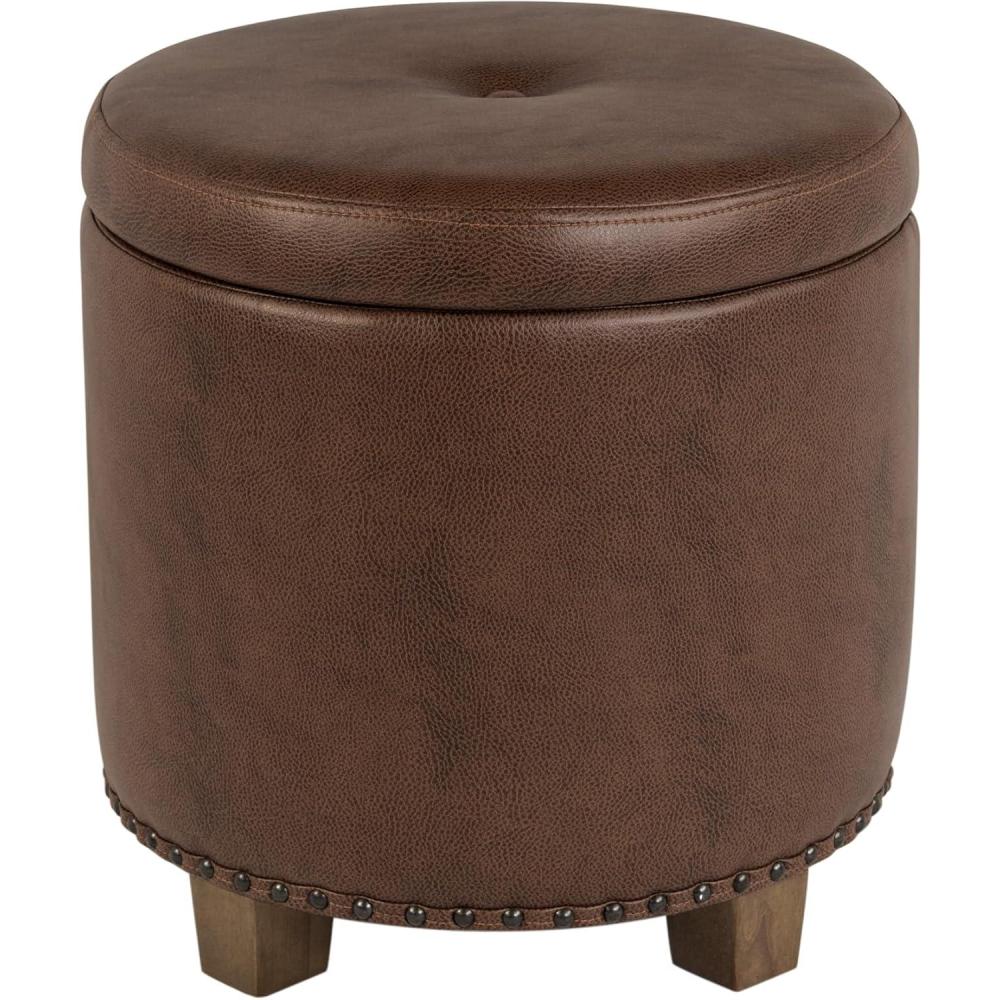imageHomepop Home Decor Upholstered Round Storage Ottoman Ottoman with Storage for Living Room amp Bedroom Cream Chevron WovenBrown Faux Leather