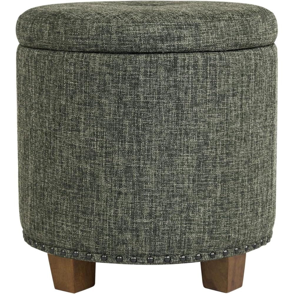 imageHomepop Home Decor Upholstered Round Storage Ottoman Ottoman with Storage for Living Room amp Bedroom Cream Chevron WovenGreen Clover Fabric