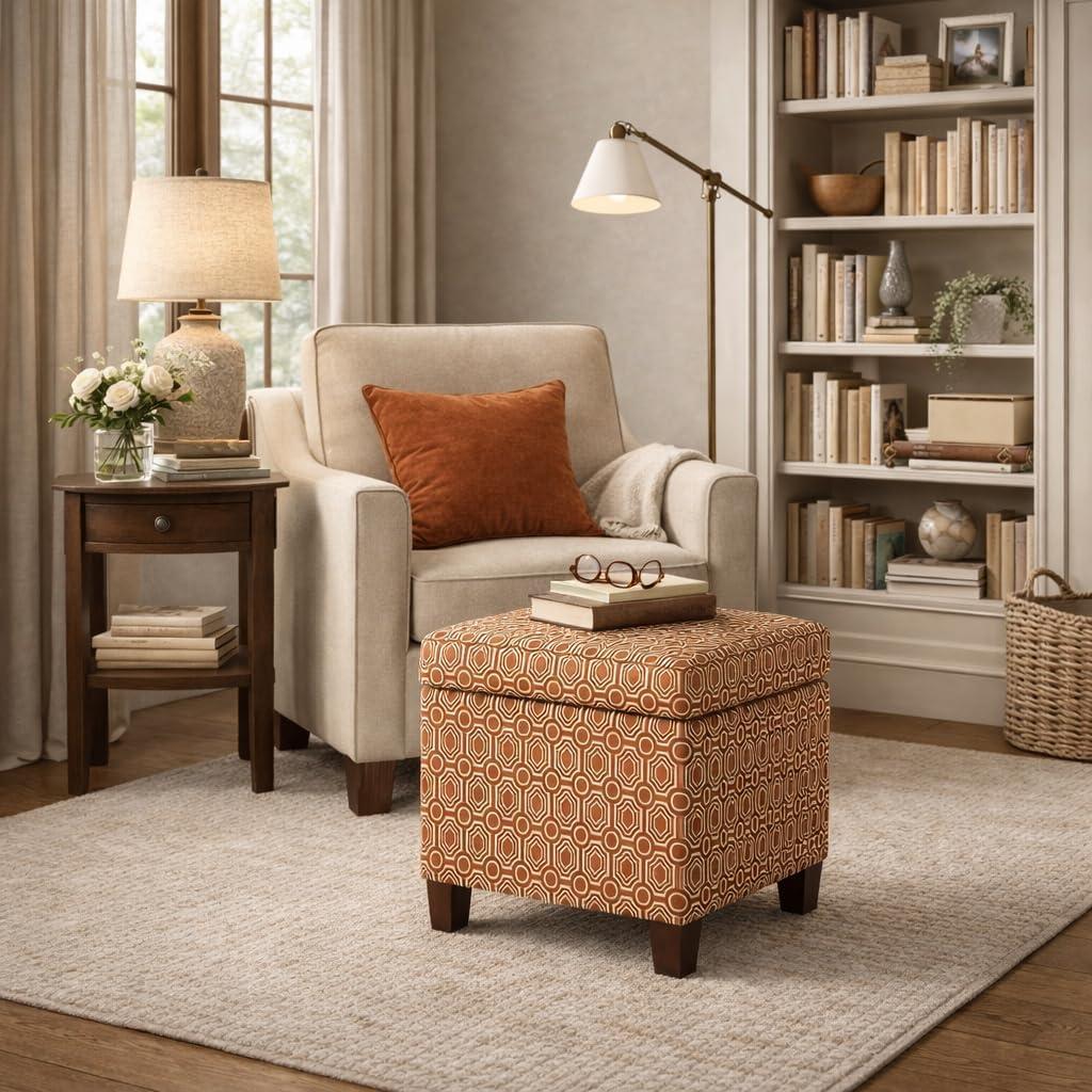 imageHomePop Small Square Storage Ottoman with LiftOff Top Blue Geometric Pattern Cotton Fabric Upholstered Accent Footrest Stool with Wood Legs for Living Room Bedroom EntrywayOrange Geometric