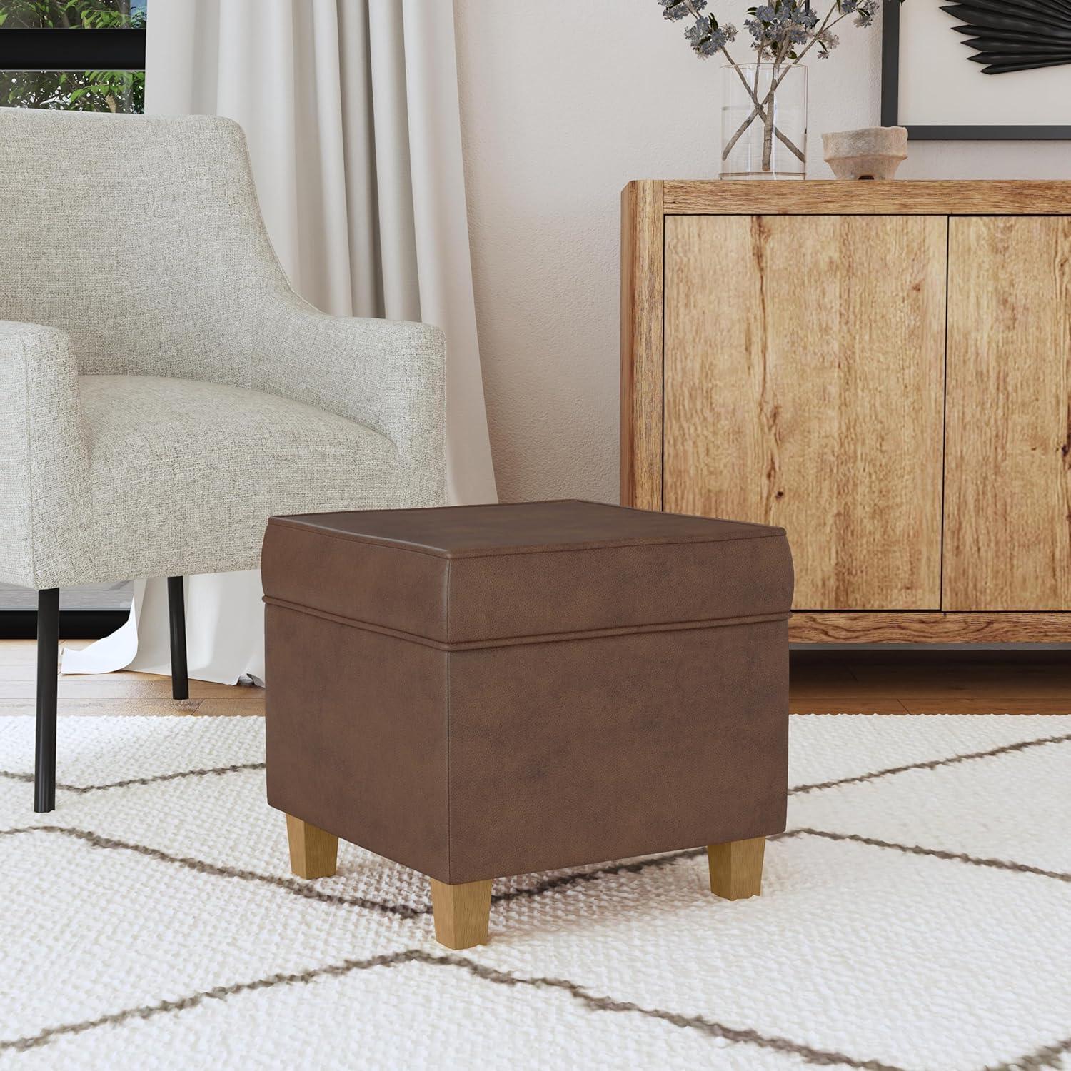 imageHomePop Small Square Storage Ottoman with LiftOff Top Blue Geometric Pattern Cotton Fabric Upholstered Accent Footrest Stool with Wood Legs for Living Room Bedroom EntrywayBrown Faux Leather