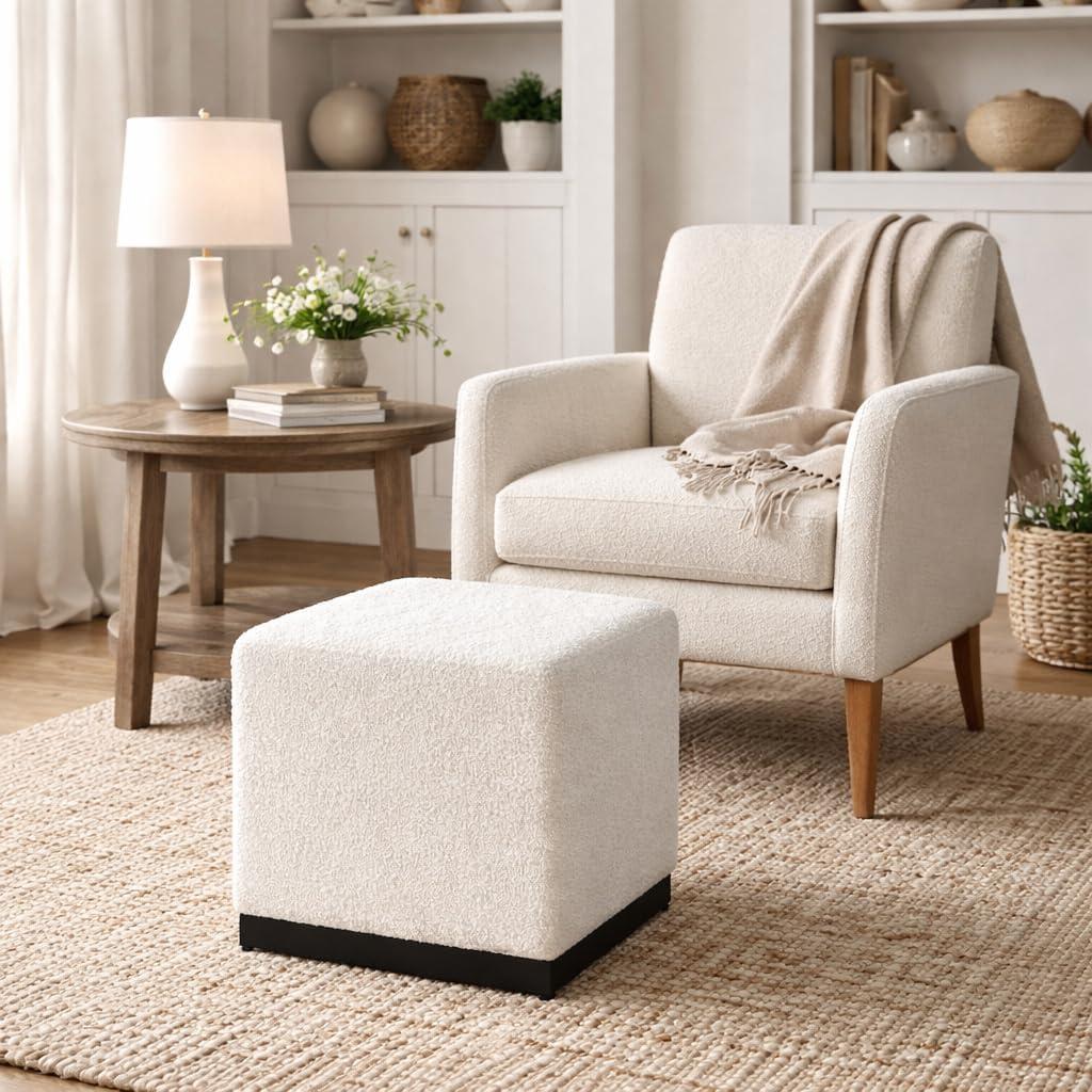 imageHomePop Small Square Storage Ottoman with LiftOff Top Blue Geometric Pattern Cotton Fabric Upholstered Accent Footrest Stool with Wood Legs for Living Room Bedroom EntrywayCream Boucle