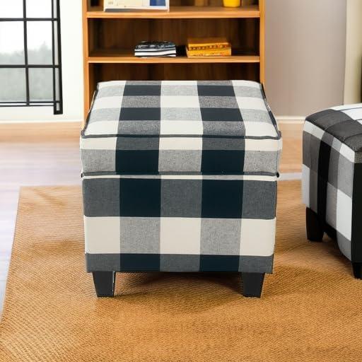 imageHomePop Small Square Storage Ottoman with LiftOff Top Blue Geometric Pattern Cotton Fabric Upholstered Accent Footrest Stool with Wood Legs for Living Room Bedroom EntrywayBlack