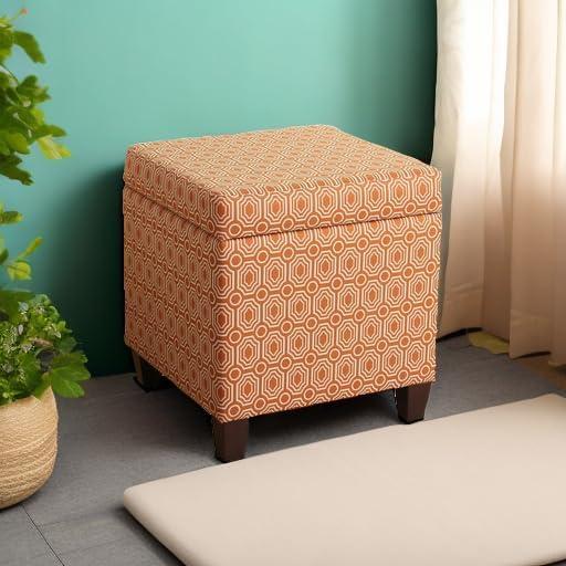 imageHomePop Small Square Storage Ottoman with LiftOff Top Blue Geometric Pattern Cotton Fabric Upholstered Accent Footrest Stool with Wood Legs for Living Room Bedroom EntrywayOrange Geometric