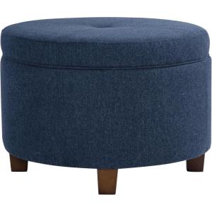 HomePop Large Round Storage Ottoman – Blue Woven Fabric(Blue Woven Fabric)