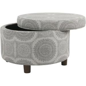 HomePop Large Round Storage Ottoman – Blue Woven Fabric(Grey Medallion)