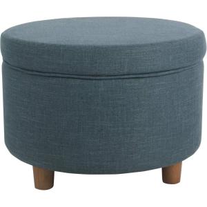 HomePop Large Round Storage Ottoman – Blue Woven Fabric(Teal Linen)