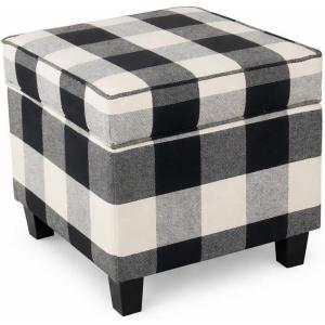 HomePop Small Square Storage Ottoman with Lift-Off Top, Blue Geometric Pattern Cotton Fabric Upholstered Accent Footrest Stool with Wood Legs for Living Room Bedroom Entryway(Black)