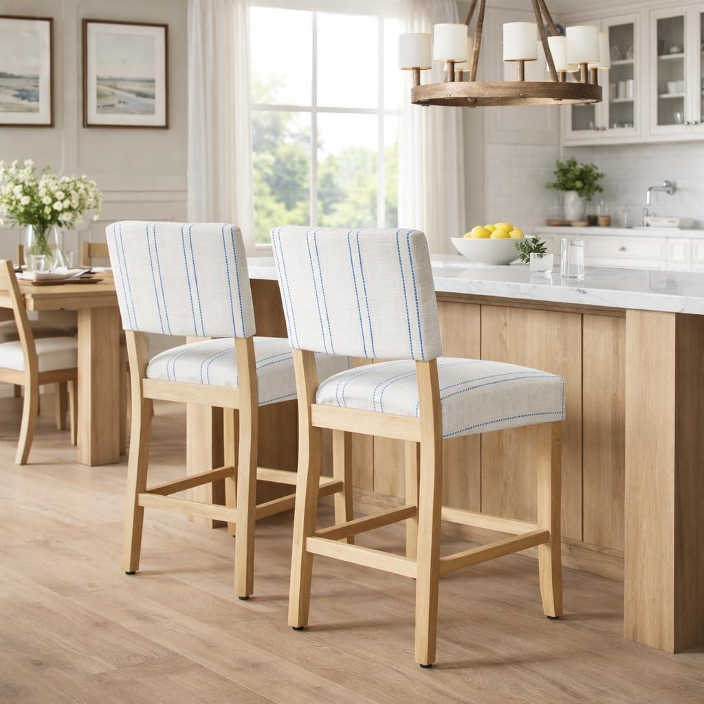 imageHomepop Home Decor Nailhead Trim Counter Height Bar Stools 24 Inch Bar Stools Decorative Home Furniture Flax TanBlue and White Stripesingle Pack