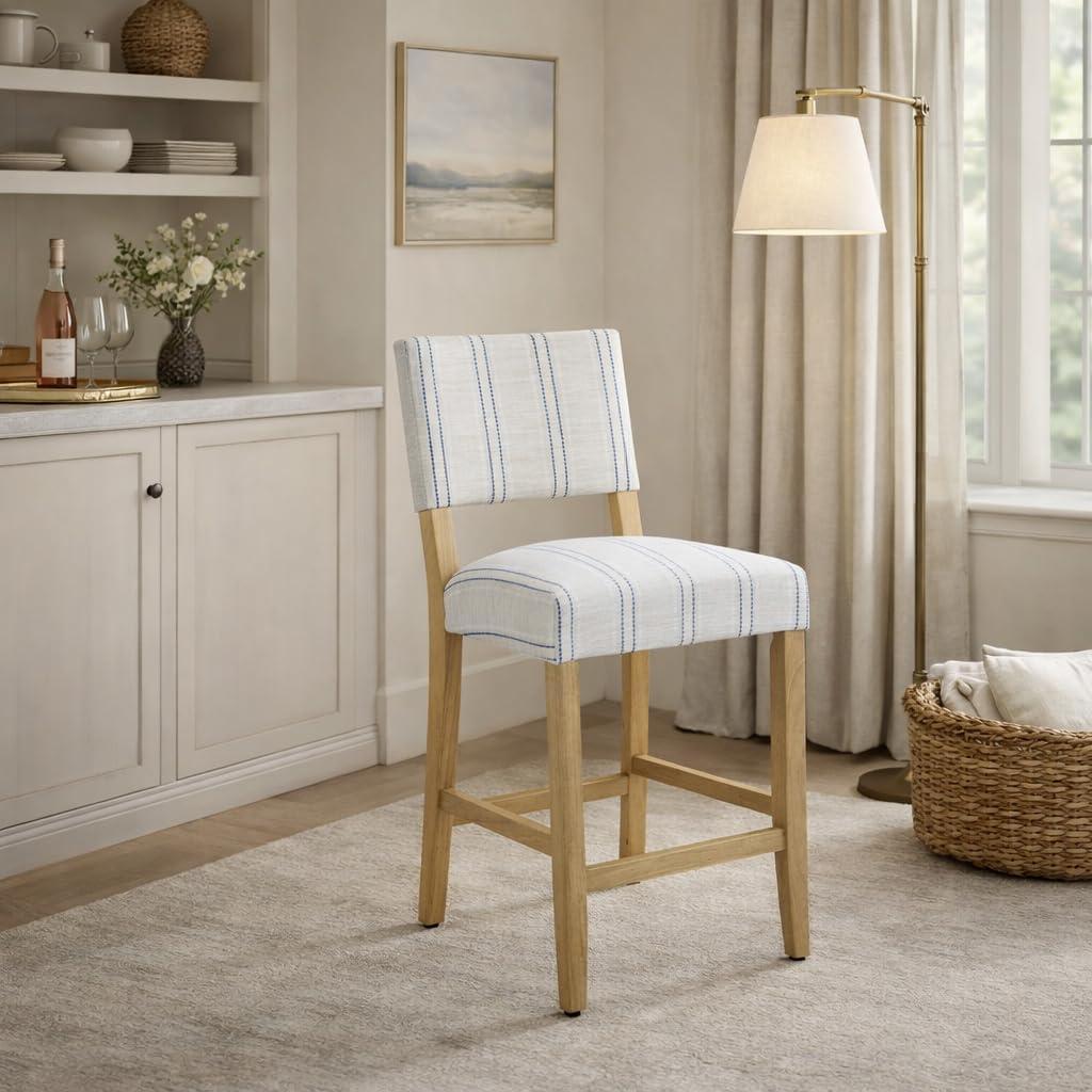 imageHomepop Home Decor Nailhead Trim Counter Height Bar Stools 24 Inch Bar Stools Decorative Home Furniture Flax TanBlue and White Stripesingle Pack