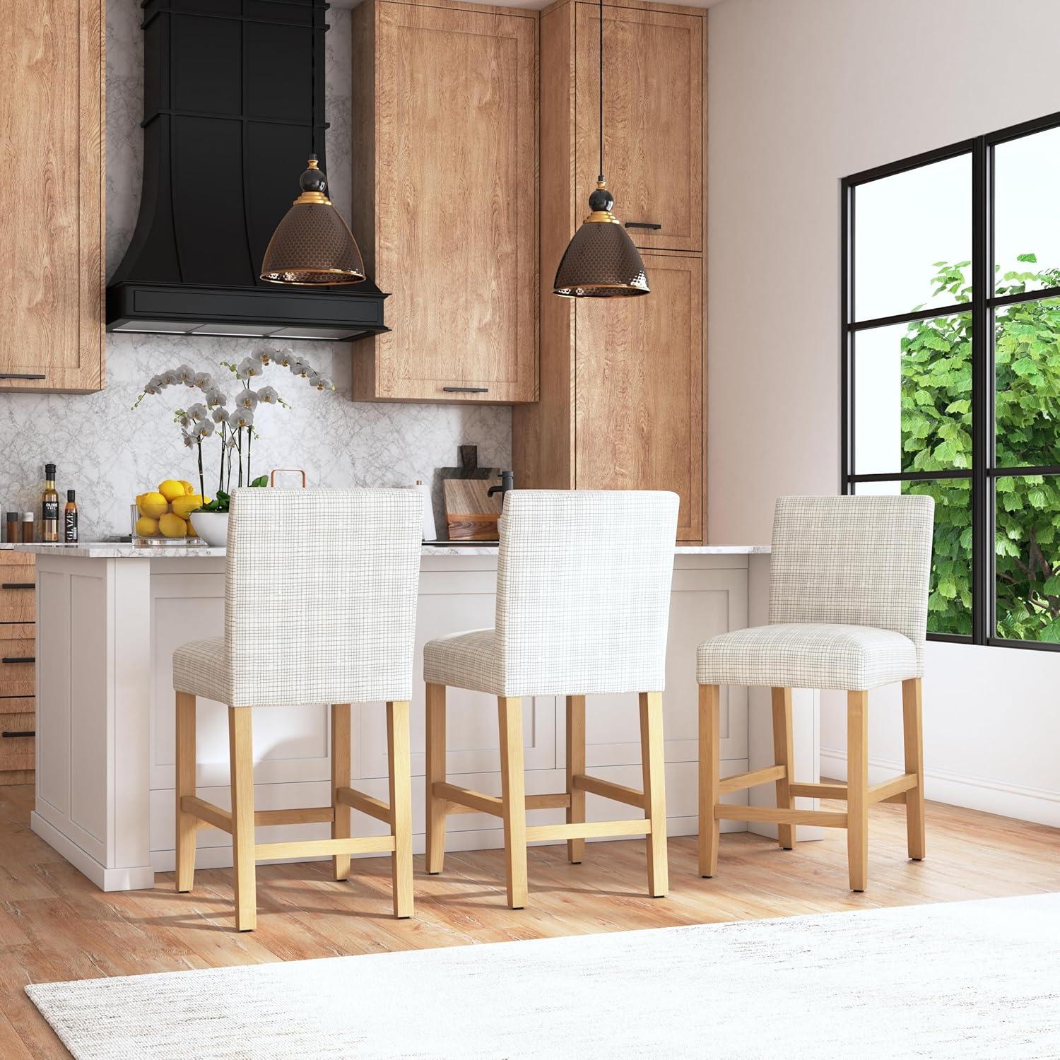imageHomepop Home Decor Nailhead Trim Counter Height Bar Stools 24 Inch Bar Stools Decorative Home Furniture Flax TanCream Mini Grid Pattern