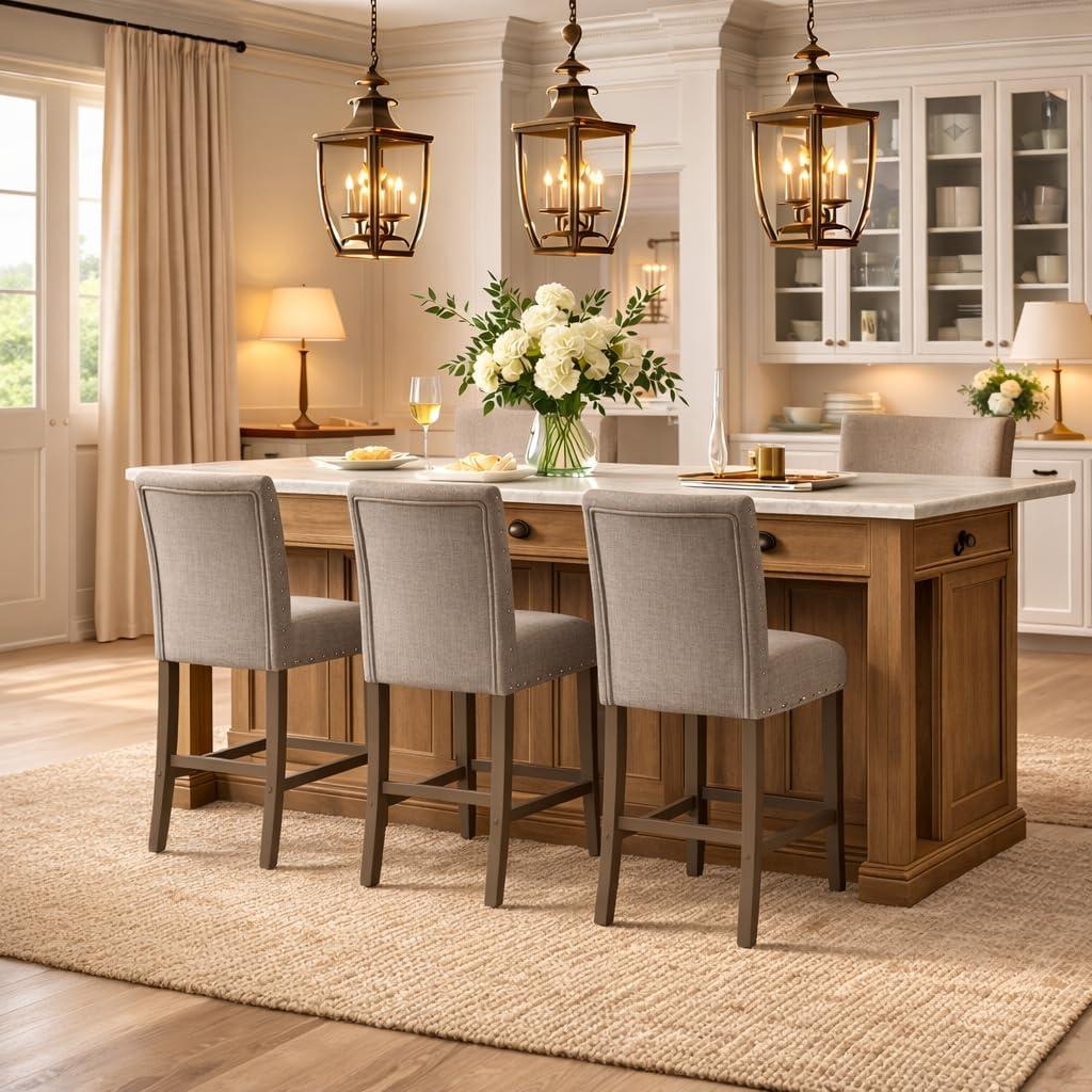 imageHomepop Home Decor Nailhead Trim Counter Height Bar Stools 24 Inch Bar Stools Decorative Home Furniture Flax TanWarm Brown