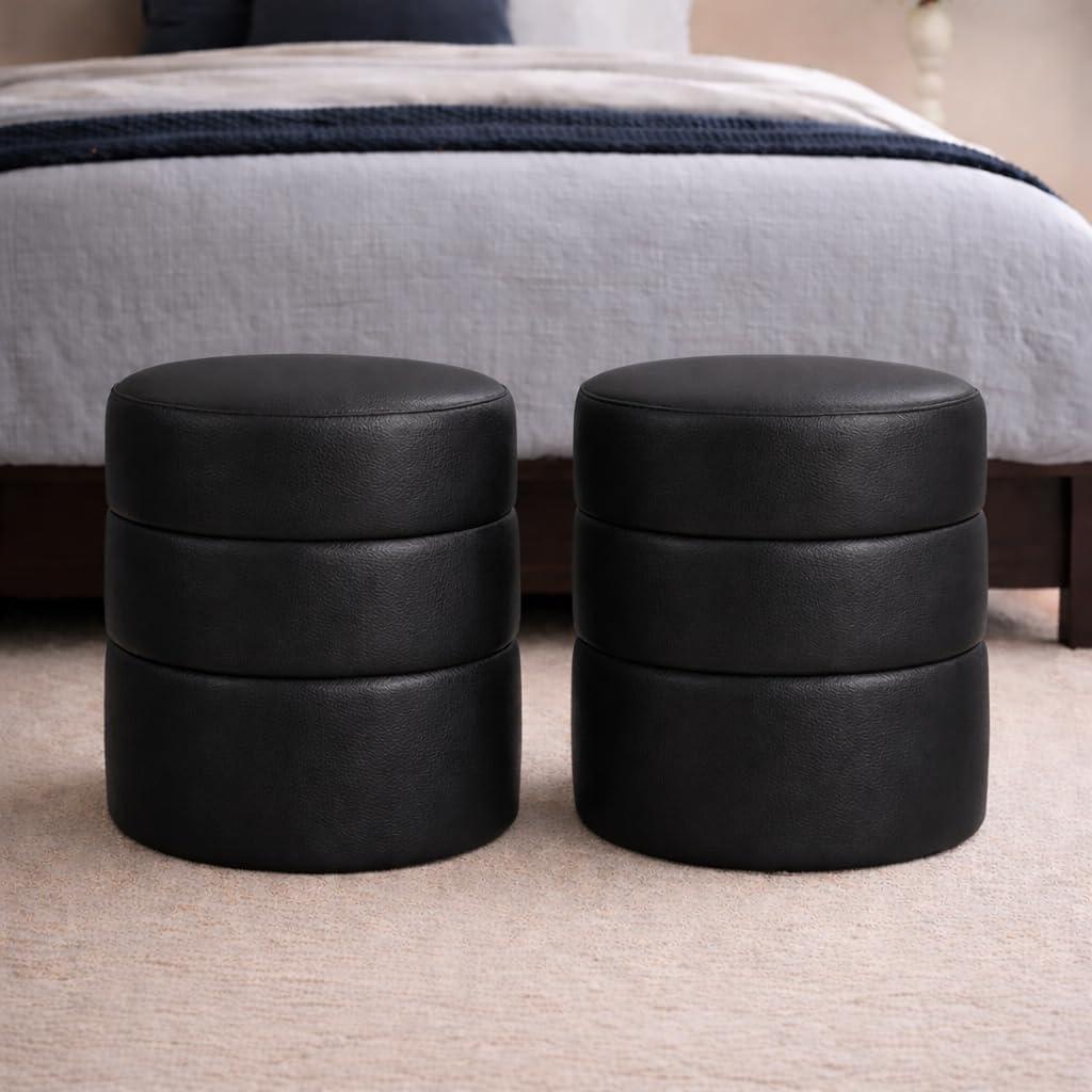 imageHomePop Upholstered Faux Leather Round Ottoman No Lid Seat Only HomePop Home Dcor Round Pouf Foot Rest Cream Faux LeatherBlack Faux Leather