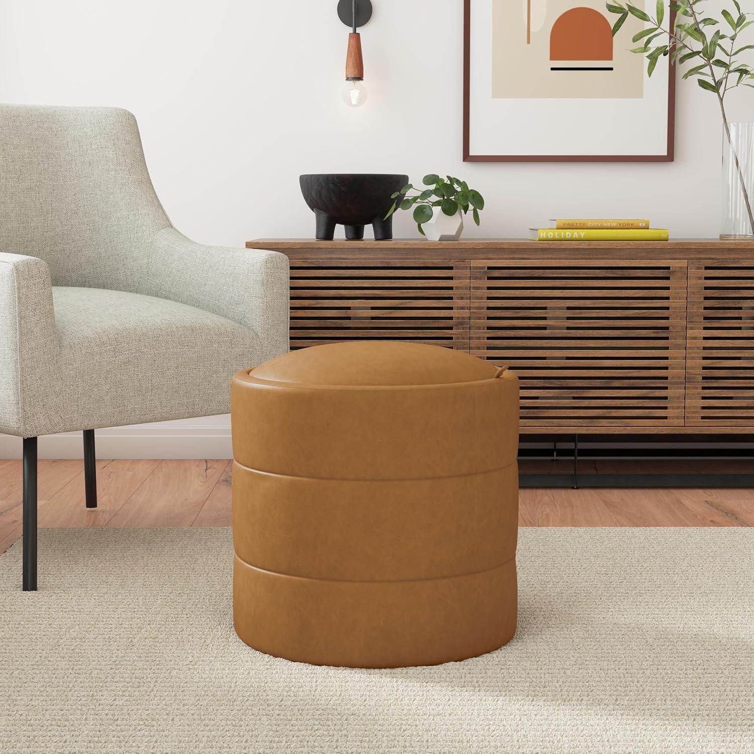 imageHomePop Upholstered Faux Leather Round Ottoman No Lid Seat Only HomePop Home Dcor Round Pouf Foot Rest Cream Faux LeatherCarmel Faux Leather