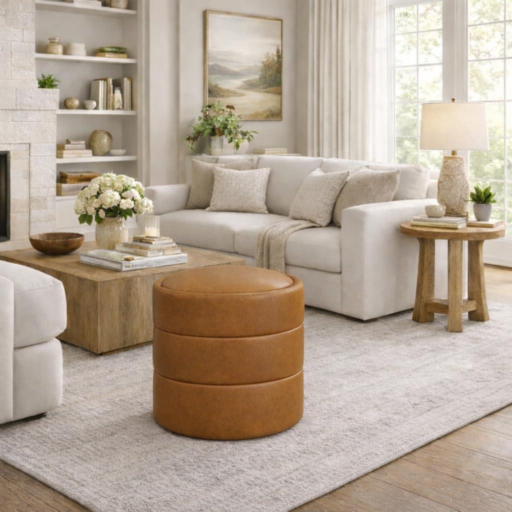 imageHomePop Upholstered Faux Leather Round Ottoman No Lid Seat Only HomePop Home Dcor Round Pouf Foot Rest Cream Faux LeatherCarmel Faux Leather