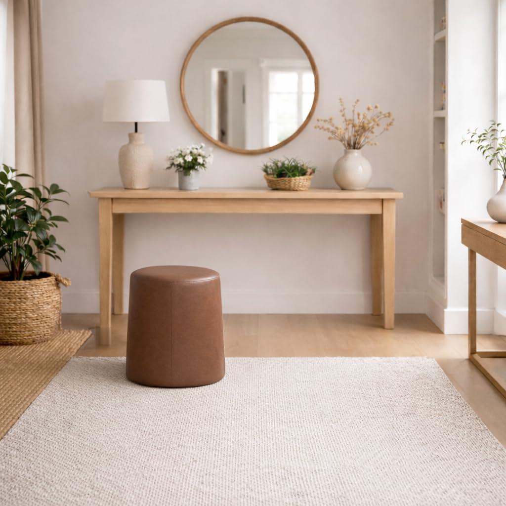 imageHomePop Upholstered Faux Leather Round Ottoman No Lid Seat Only HomePop Home Dcor Round Pouf Foot Rest Cream Faux LeatherChestnut Faux Leather