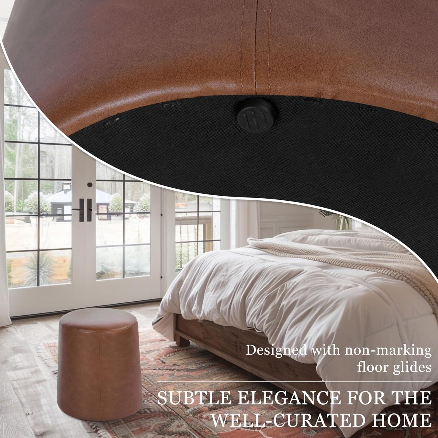 imageHomePop Upholstered Faux Leather Round Ottoman No Lid Seat Only HomePop Home Dcor Round Pouf Foot Rest Cream Faux LeatherChestnut Faux Leather