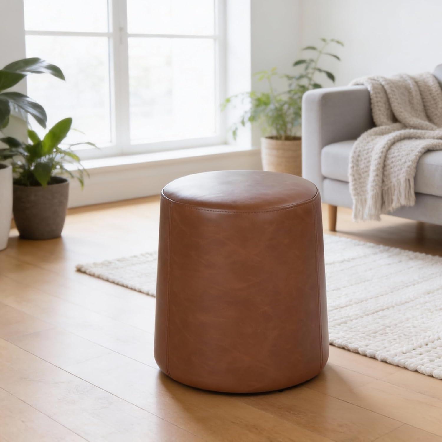 imageHomePop Upholstered Faux Leather Round Ottoman No Lid Seat Only HomePop Home Dcor Round Pouf Foot Rest Cream Faux LeatherChestnut Faux Leather