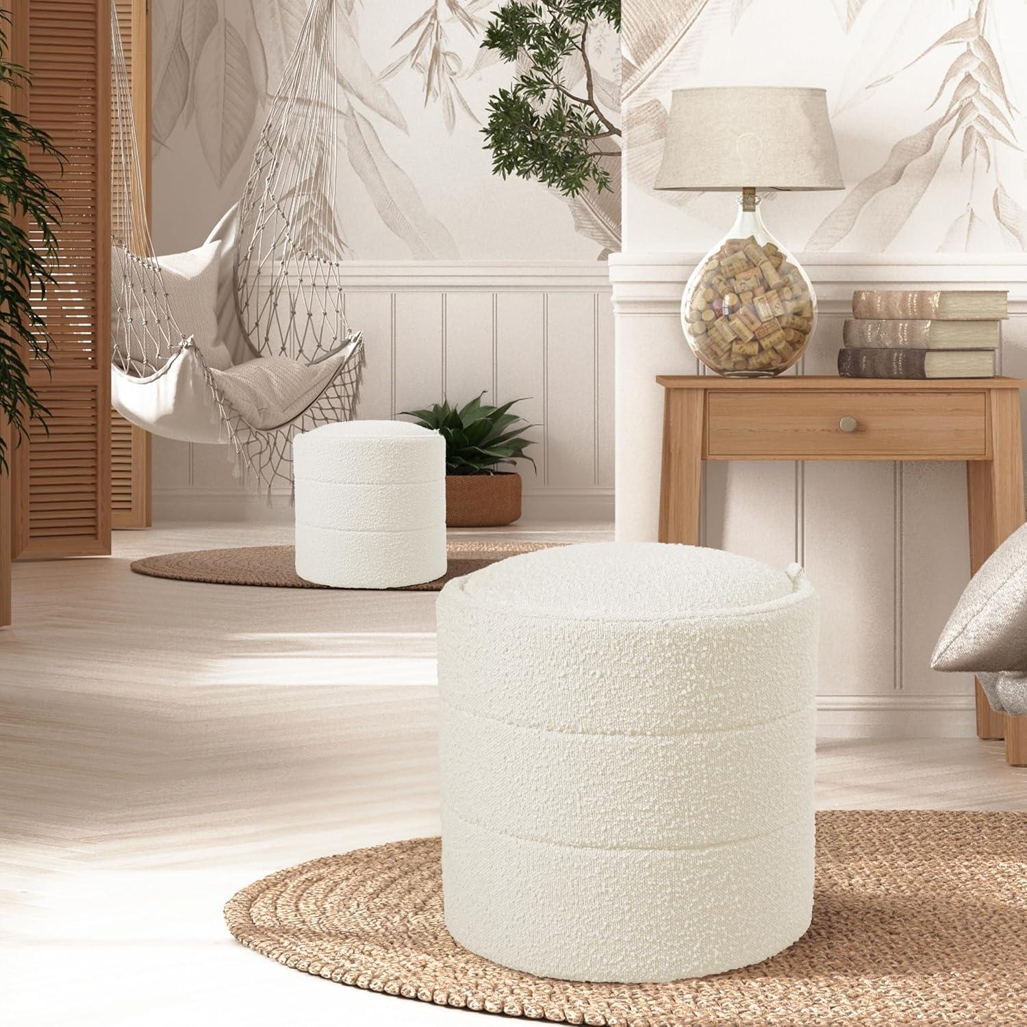 imageHomePop Upholstered Faux Leather Round Ottoman No Lid Seat Only HomePop Home Dcor Round Pouf Foot Rest Cream Faux LeatherCream