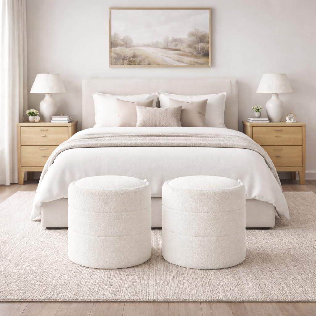 imageHomePop Upholstered Faux Leather Round Ottoman No Lid Seat Only HomePop Home Dcor Round Pouf Foot Rest Cream Faux LeatherCream