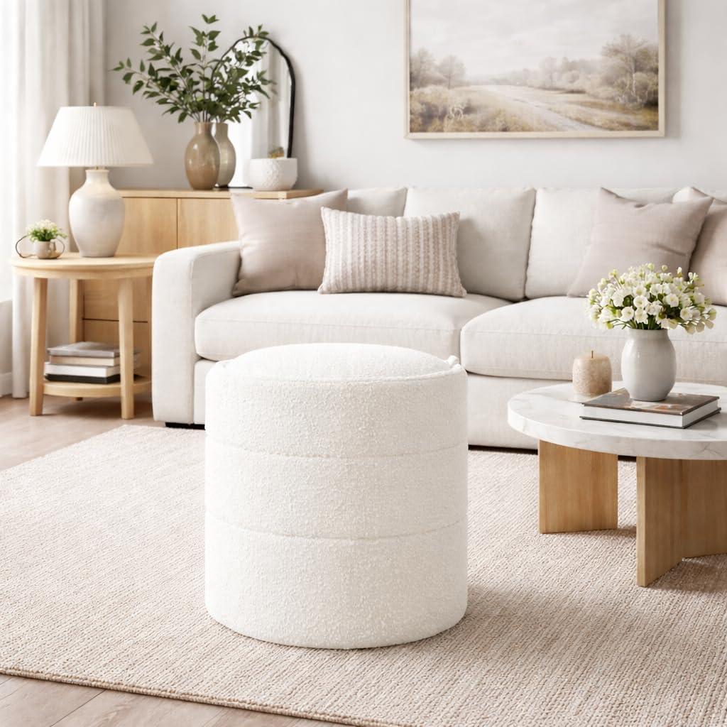 imageHomePop Upholstered Faux Leather Round Ottoman No Lid Seat Only HomePop Home Dcor Round Pouf Foot Rest Cream Faux LeatherCream