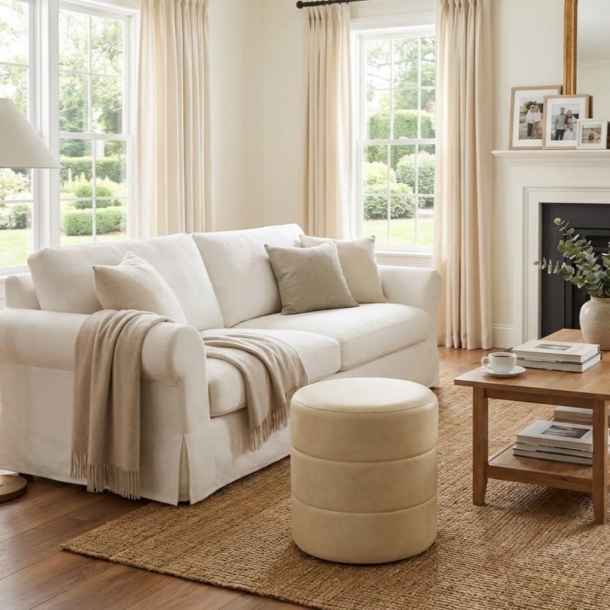 imageHomePop Upholstered Faux Leather Round Ottoman No Lid Seat Only HomePop Home Dcor Round Pouf Foot Rest Cream Faux LeatherCream Faux Leather