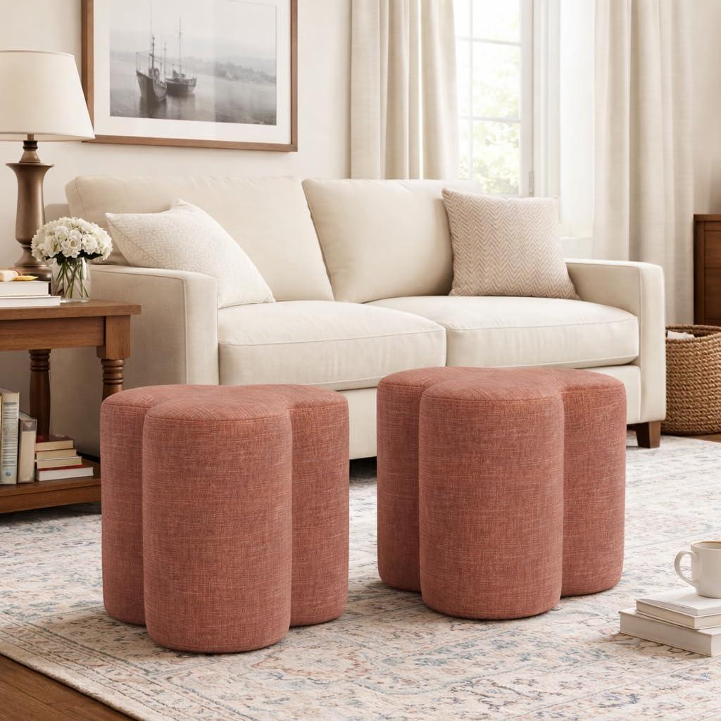 imageHomePop Upholstered Faux Leather Round Ottoman No Lid Seat Only HomePop Home Dcor Round Pouf Foot Rest Cream Faux LeatherPink Chenille