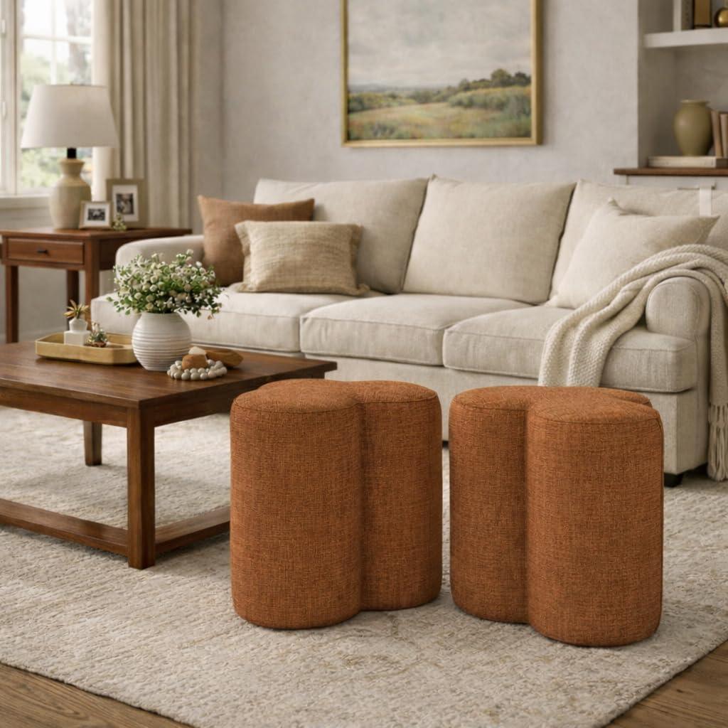 imageHomePop Upholstered Faux Leather Round Ottoman No Lid Seat Only HomePop Home Dcor Round Pouf Foot Rest Cream Faux LeatherRust Orange Chenille