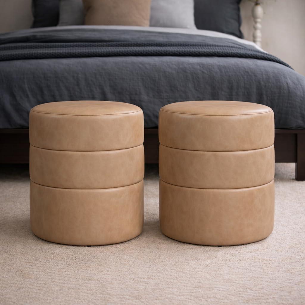 imageHomePop Upholstered Faux Leather Round Ottoman No Lid Seat Only HomePop Home Dcor Round Pouf Foot Rest Cream Faux LeatherSand Faux Leather