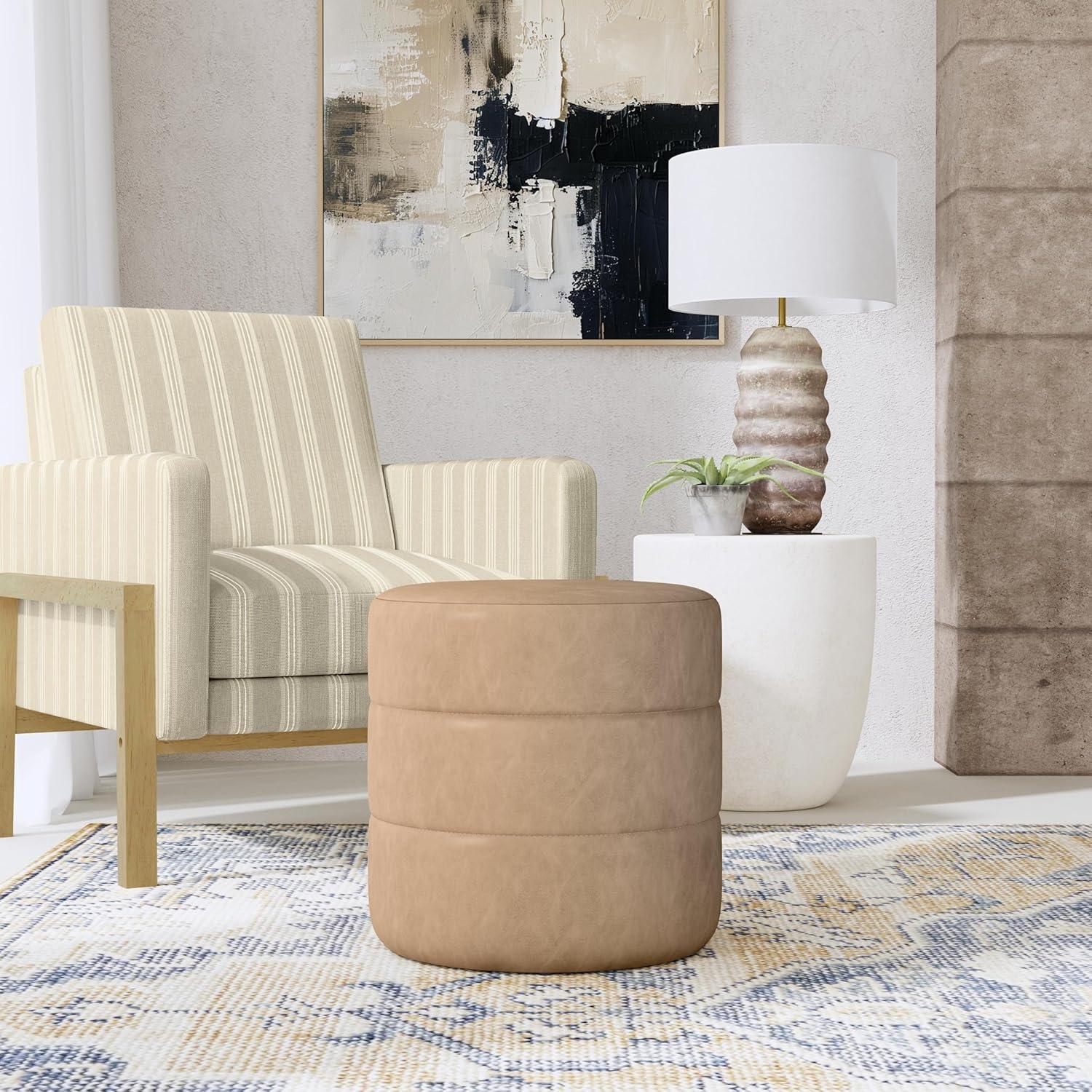 imageHomePop Upholstered Faux Leather Round Ottoman No Lid Seat Only HomePop Home Dcor Round Pouf Foot Rest Cream Faux LeatherSand Faux Leather