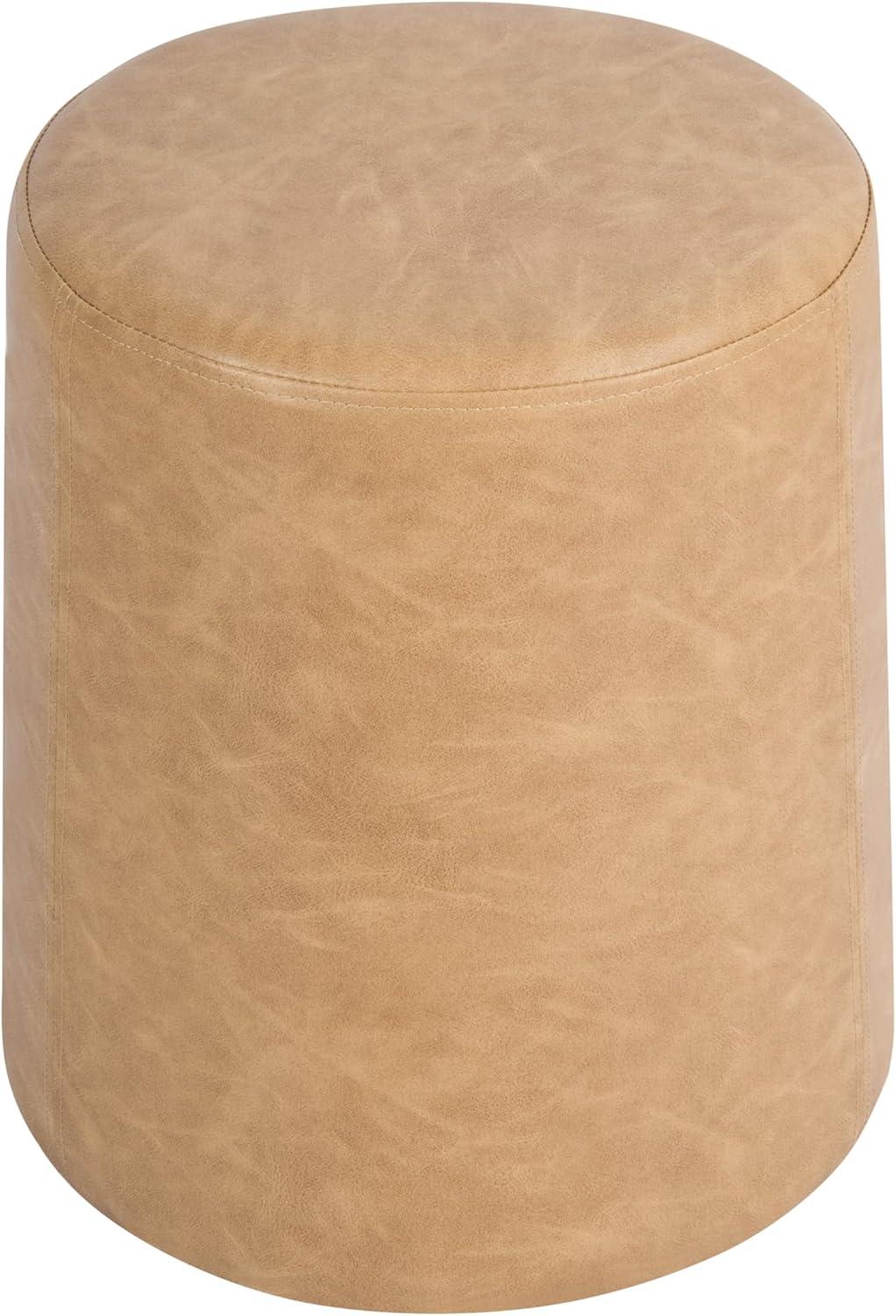 imageHomePop Upholstered Faux Leather Round Ottoman No Lid Seat Only HomePop Home Dcor Round Pouf Foot Rest Cream Faux LeatherSand Faux Leather