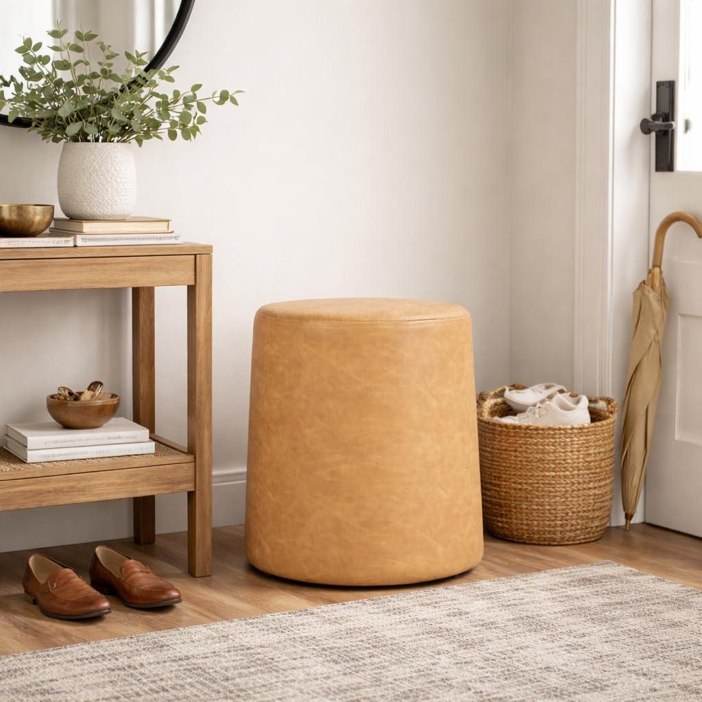 imageHomePop Upholstered Faux Leather Round Ottoman No Lid Seat Only HomePop Home Dcor Round Pouf Foot Rest Cream Faux LeatherSand Faux Leather