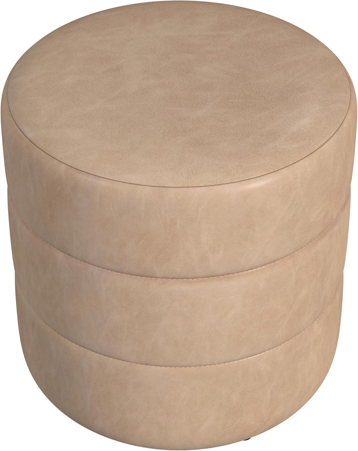 imageHomePop Upholstered Faux Leather Round Ottoman No Lid Seat Only HomePop Home Dcor Round Pouf Foot Rest Cream Faux LeatherSand Faux Leather