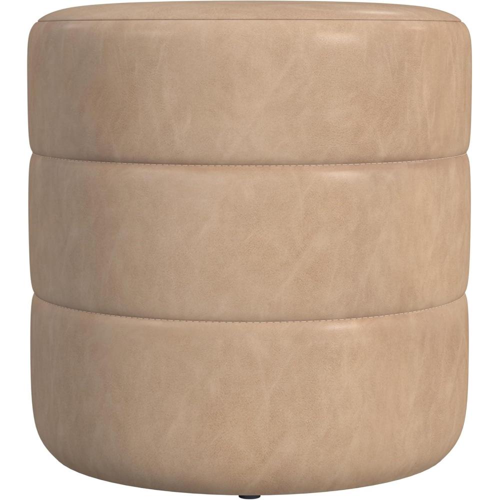 imageHomePop Upholstered Faux Leather Round Ottoman No Lid Seat Only HomePop Home Dcor Round Pouf Foot Rest Cream Faux LeatherSand Faux Leather