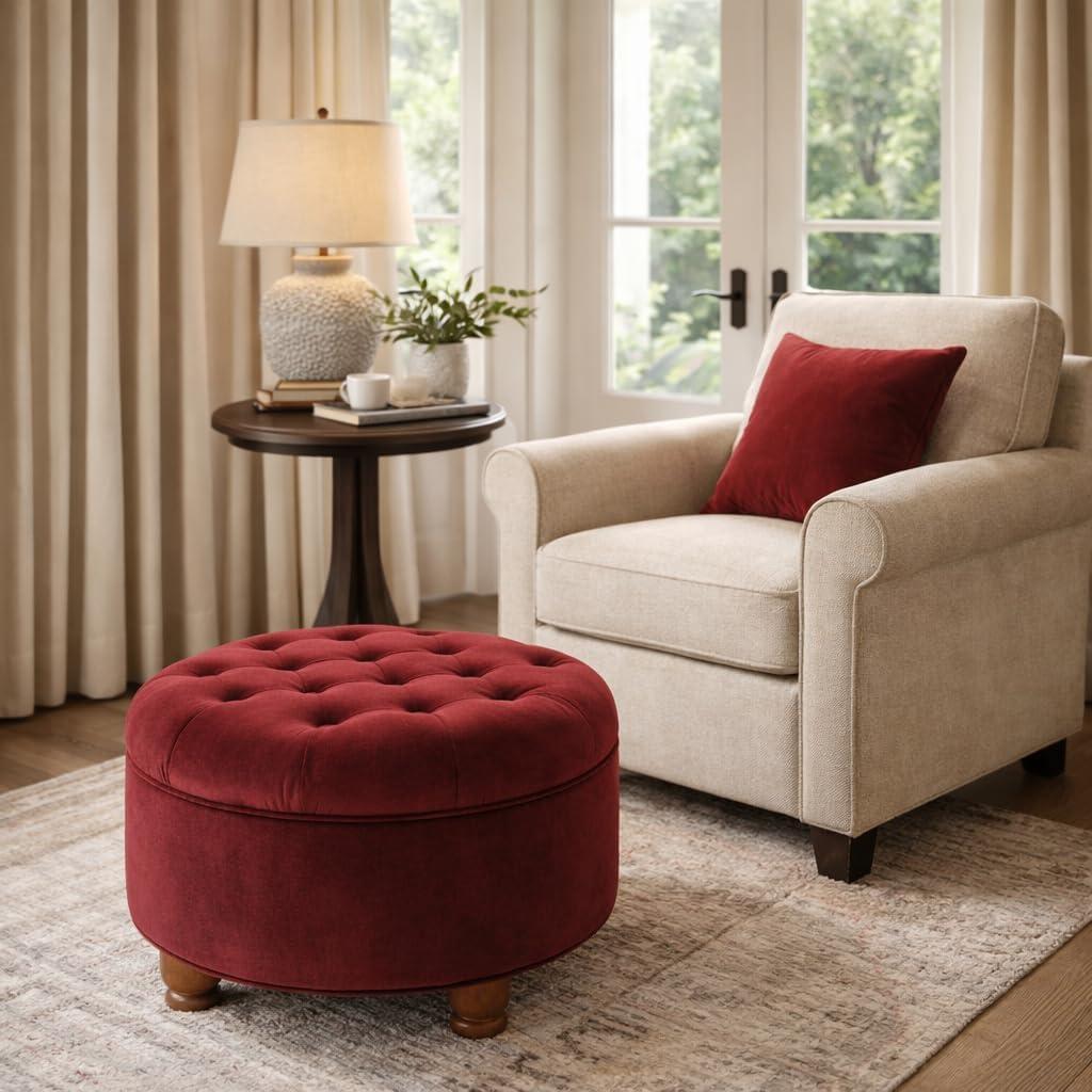 imageHomePop Home Decor Button Round Storage Ottoman Ottoman with Storage for Living Room amp Bedroom Light Camel Faux LeatherBerry