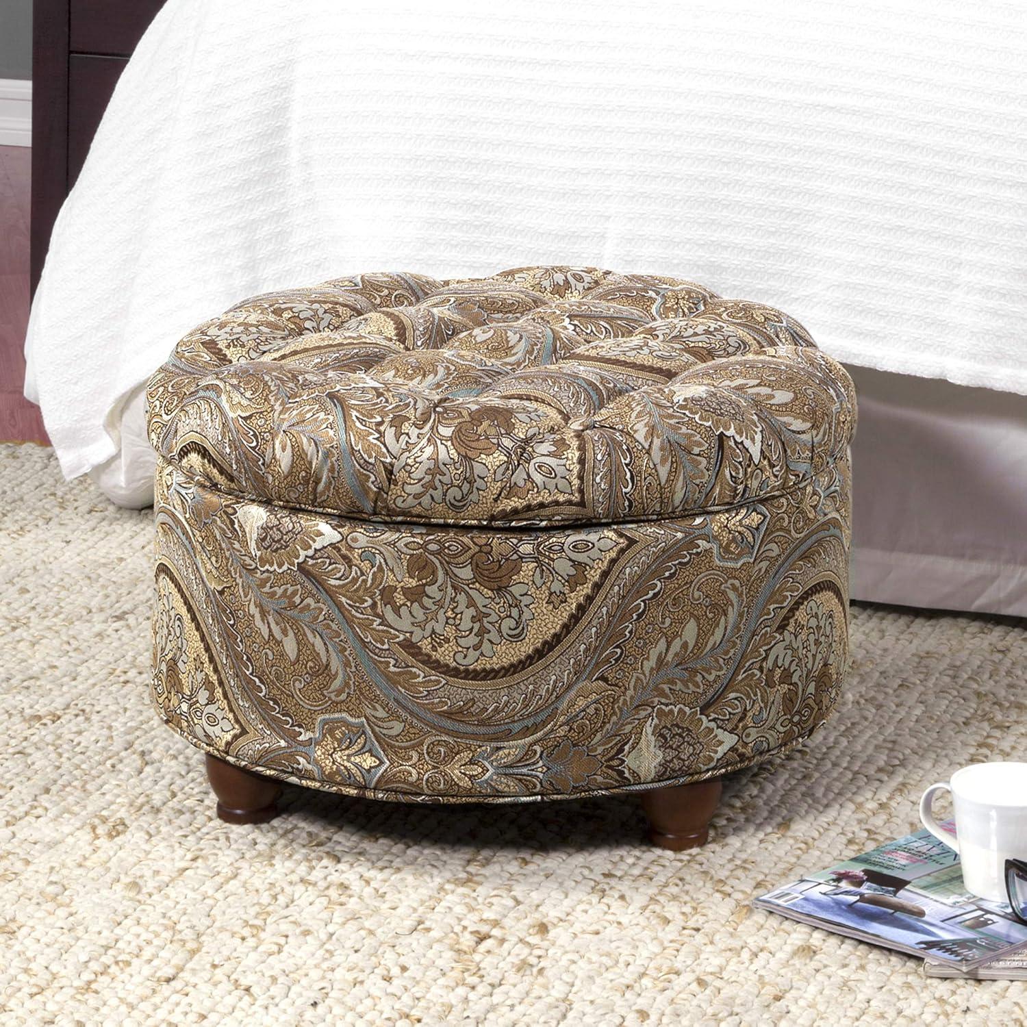 imageHomePop Home Decor Button Round Storage Ottoman Ottoman with Storage for Living Room amp Bedroom Light Camel Faux LeatherBrown and Teal