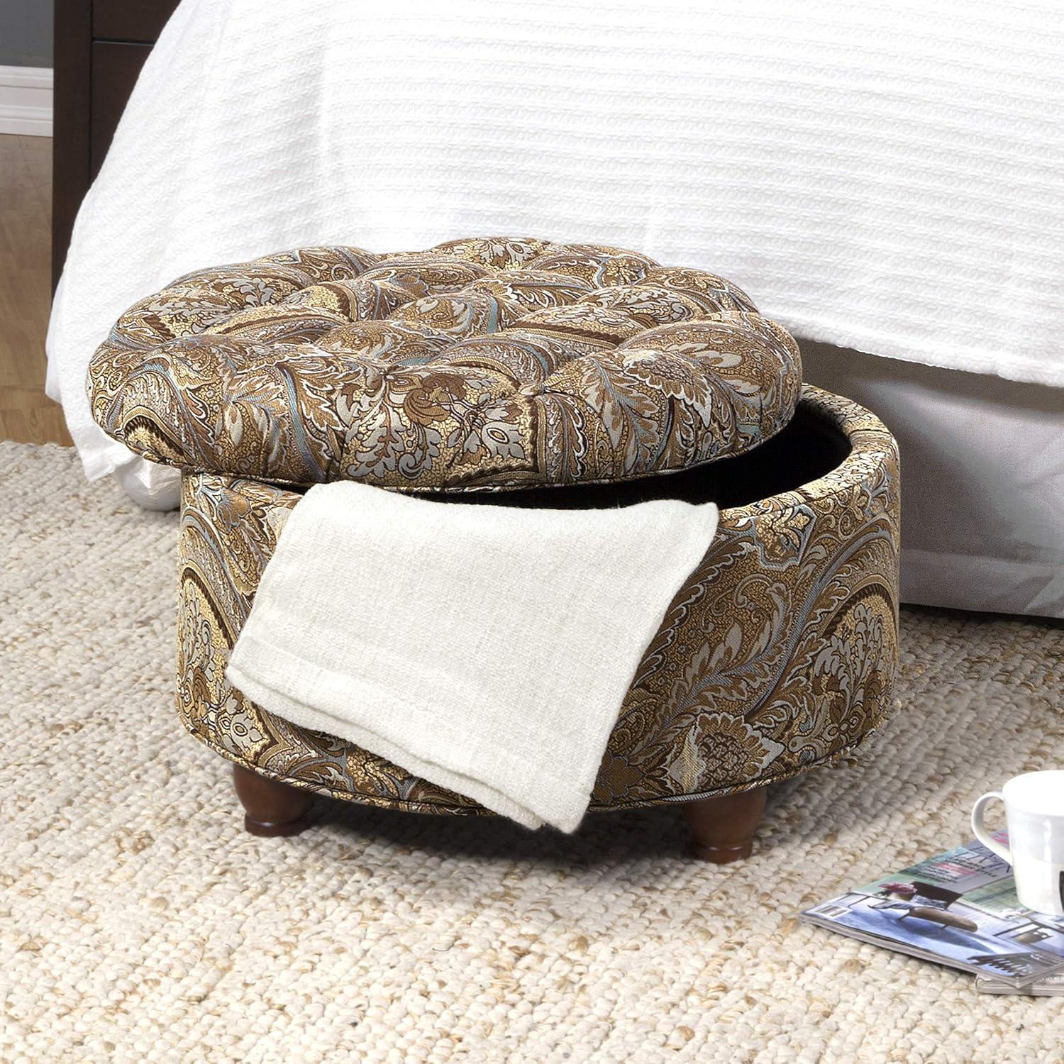 imageHomePop Home Decor Button Round Storage Ottoman Ottoman with Storage for Living Room amp Bedroom Light Camel Faux LeatherBrown and Teal