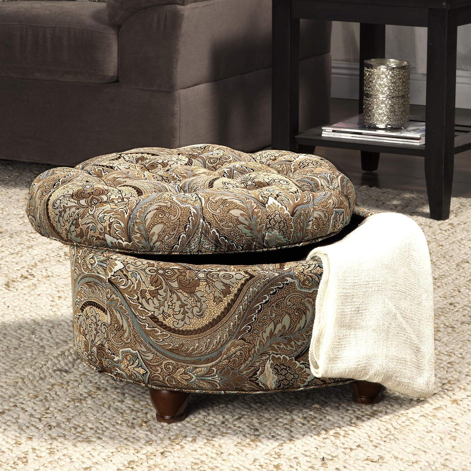 imageHomePop Home Decor Button Round Storage Ottoman Ottoman with Storage for Living Room amp Bedroom Light Camel Faux LeatherBrown and Teal