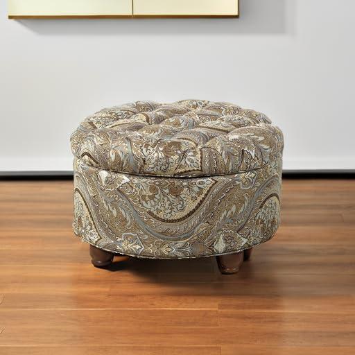 imageHomePop Home Decor Button Round Storage Ottoman Ottoman with Storage for Living Room amp Bedroom Light Camel Faux LeatherBrown and Teal