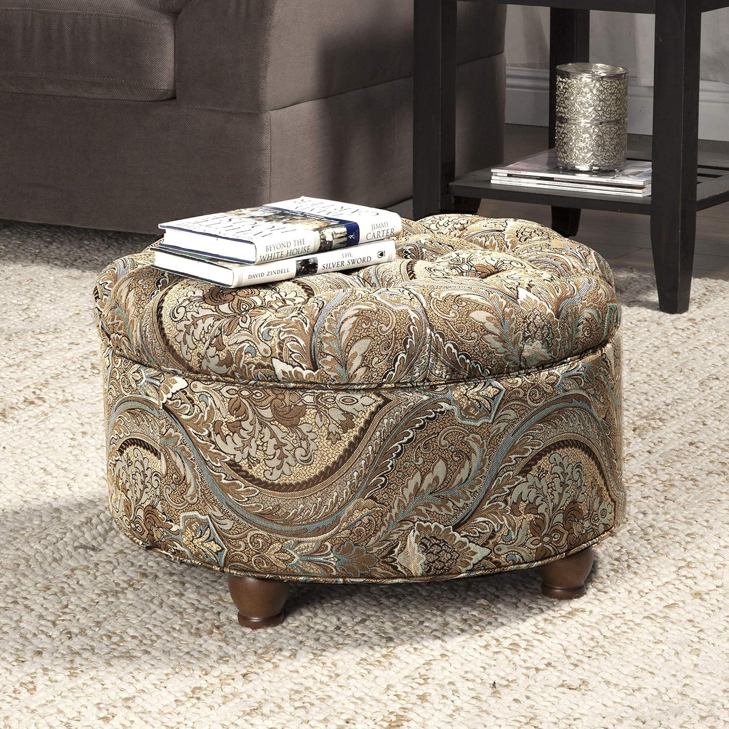 imageHomePop Home Decor Button Round Storage Ottoman Ottoman with Storage for Living Room amp Bedroom Light Camel Faux LeatherBrown and Teal