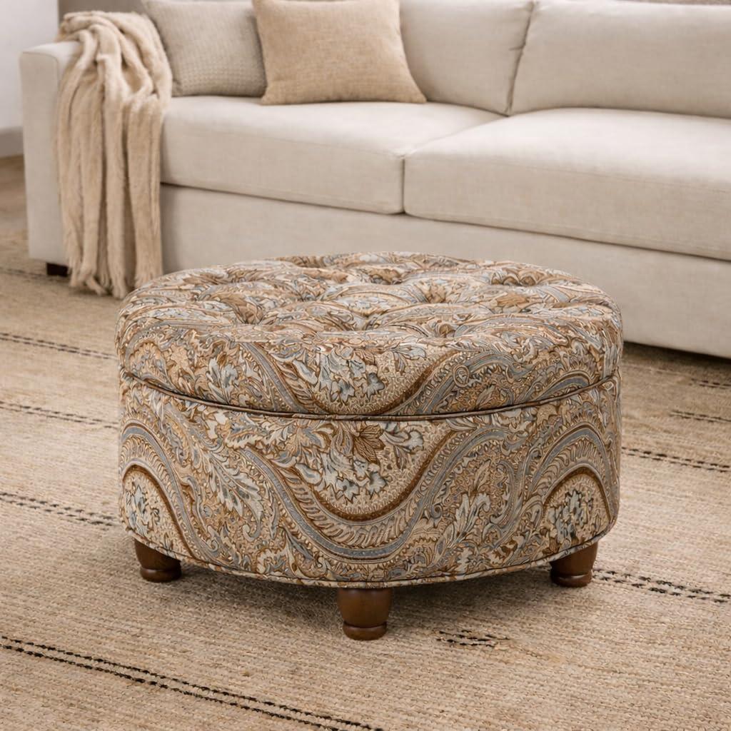 imageHomePop Home Decor Button Round Storage Ottoman Ottoman with Storage for Living Room amp Bedroom Light Camel Faux LeatherBrown and Teal