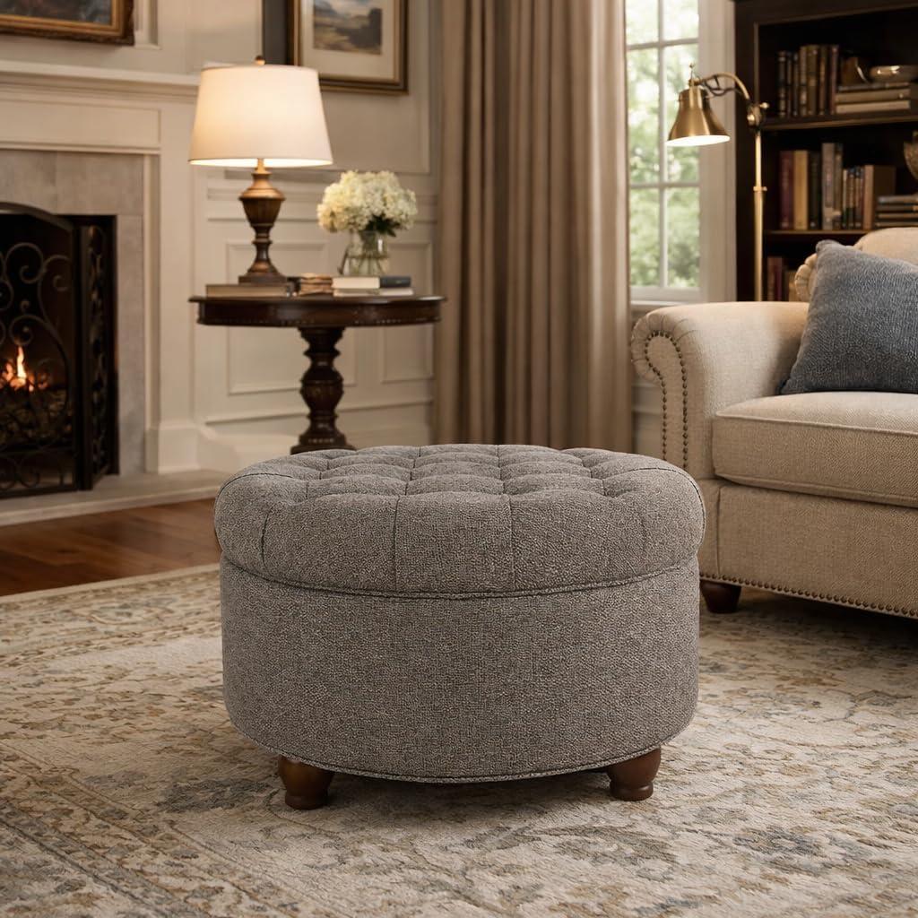 imageHomePop Home Decor Button Round Storage Ottoman Ottoman with Storage for Living Room amp Bedroom Light Camel Faux LeatherDark Gray