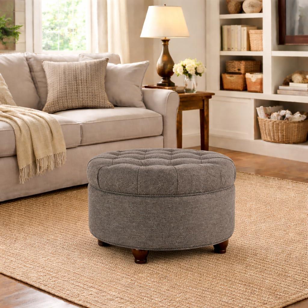imageHomePop Home Decor Button Round Storage Ottoman Ottoman with Storage for Living Room amp Bedroom Light Camel Faux LeatherDark Gray