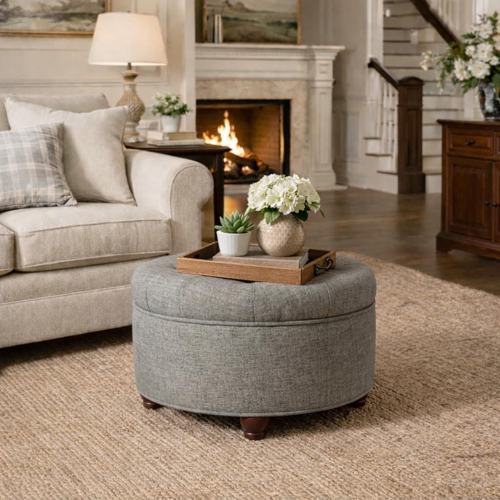 imageHomePop Home Decor Button Round Storage Ottoman Ottoman with Storage for Living Room amp Bedroom Light Camel Faux LeatherGray Woven