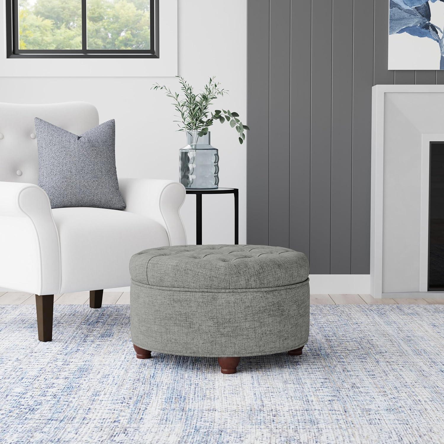 imageHomePop Home Decor Button Round Storage Ottoman Ottoman with Storage for Living Room amp Bedroom Light Camel Faux LeatherGray Woven