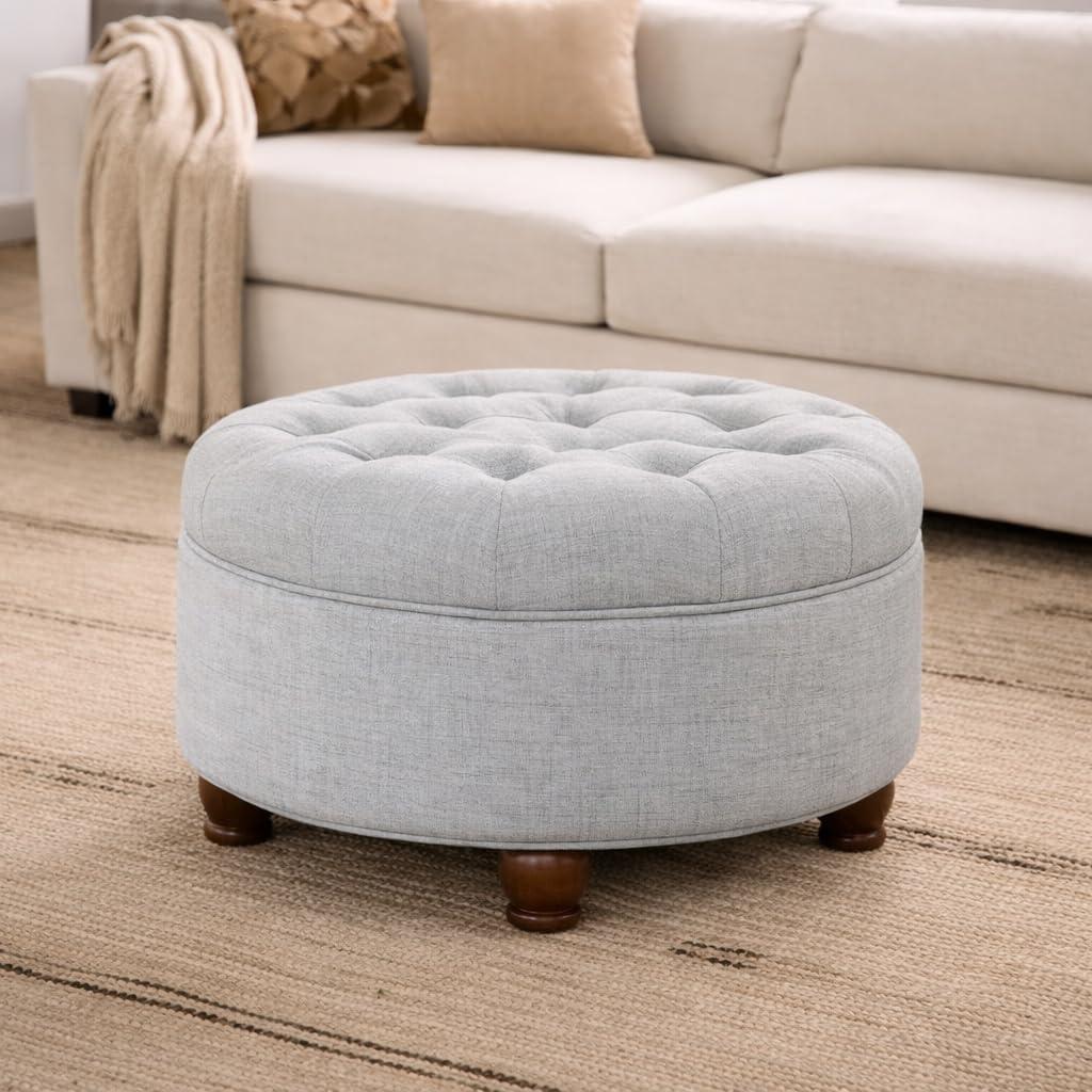 imageHomePop Home Decor Button Round Storage Ottoman Ottoman with Storage for Living Room amp Bedroom Light Camel Faux LeatherLight Blue