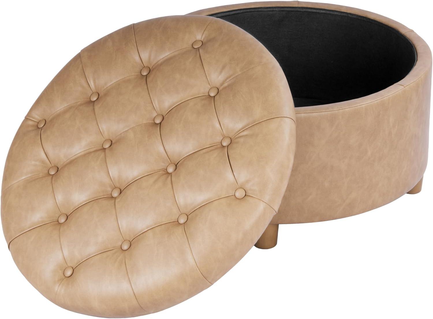 imageHomePop Home Decor Button Round Storage Ottoman Ottoman with Storage for Living Room amp Bedroom Light Camel Faux LeatherLight Camel Faux Leather