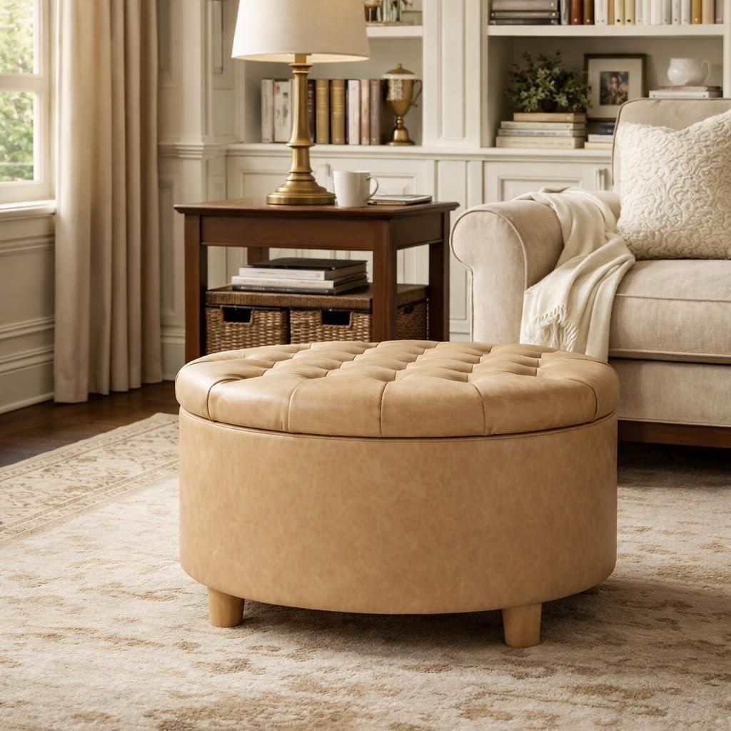 imageHomePop Home Decor Button Round Storage Ottoman Ottoman with Storage for Living Room amp Bedroom Light Camel Faux LeatherLight Camel Faux Leather