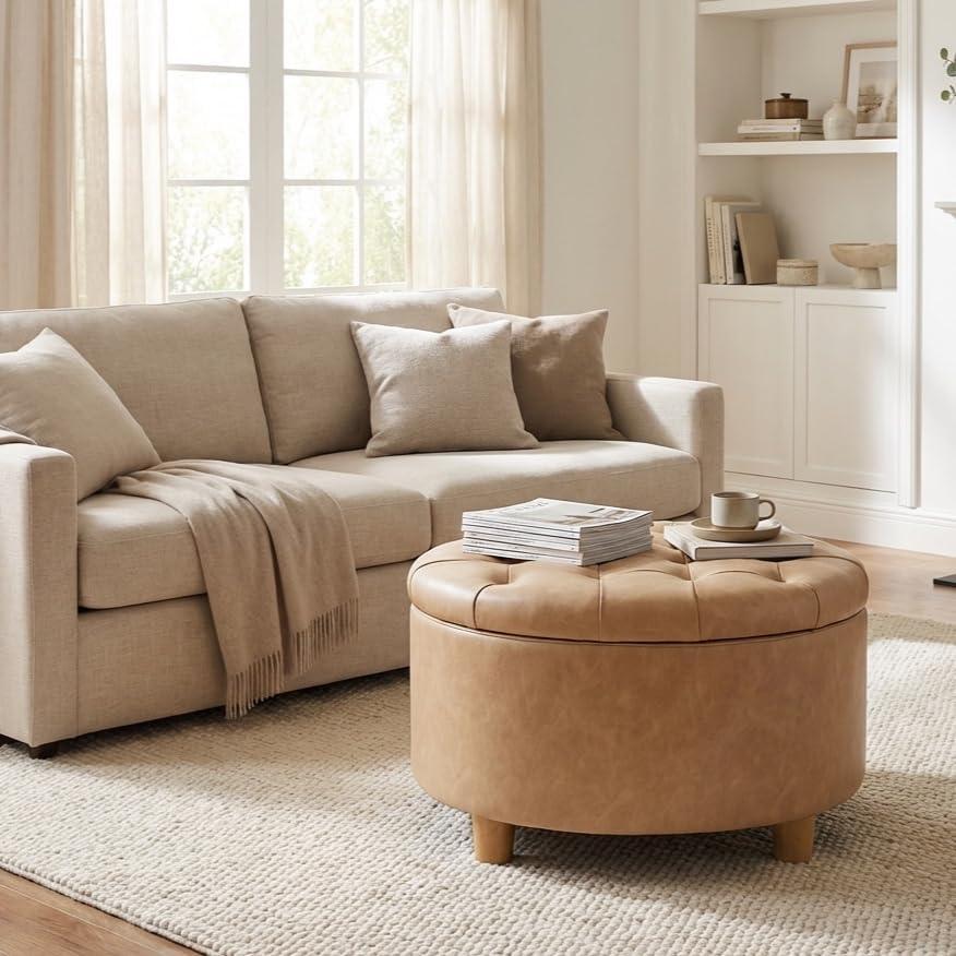 imageHomePop Home Decor Button Round Storage Ottoman Ottoman with Storage for Living Room amp Bedroom Light Camel Faux LeatherLight Camel Faux Leather